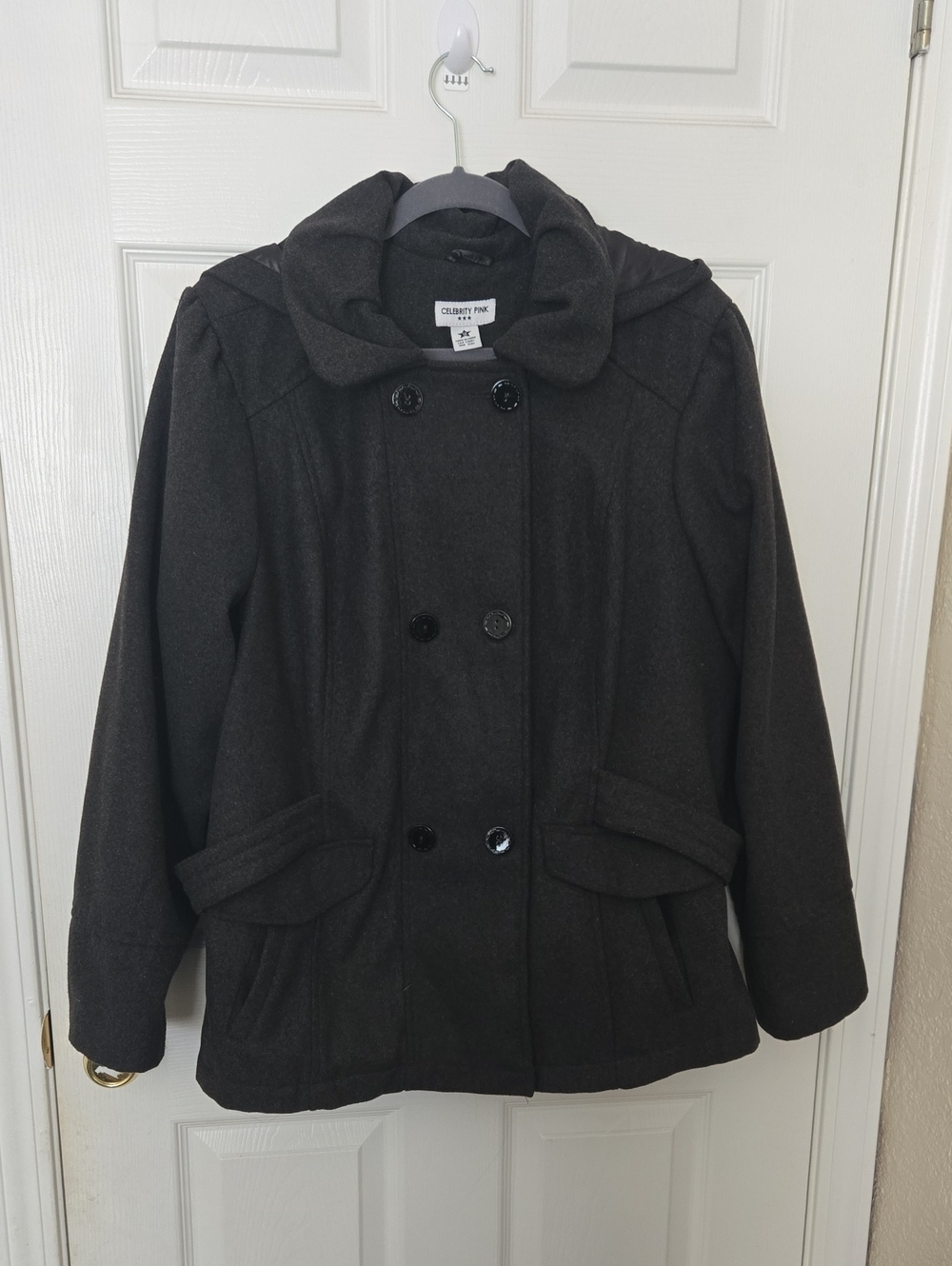 Celebrity Pink Double-Breasted dark charcoal grey Pea Coat with Rounded Collar